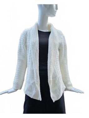 NOVICA Cream Chevron Knit Open Front Shawl Collar Cardigan Sweater Small
